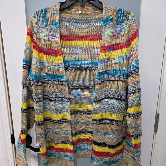 Sweaters - Plus Size 3X Multi-Color Striped Knit Open Cardigan Sweater Long Sleeve Boho